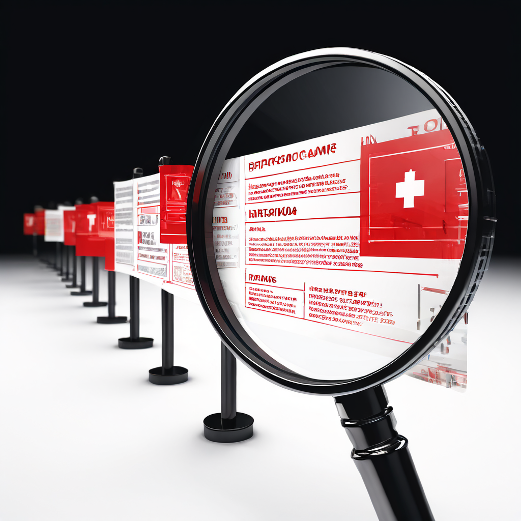 디지털 도메인 이력 타임라인 위에 놓인 돋보기가 보안 점검 항목과 사기 탐지를 위한 경고 플래그를 강조하고 있는 이미지입니다.