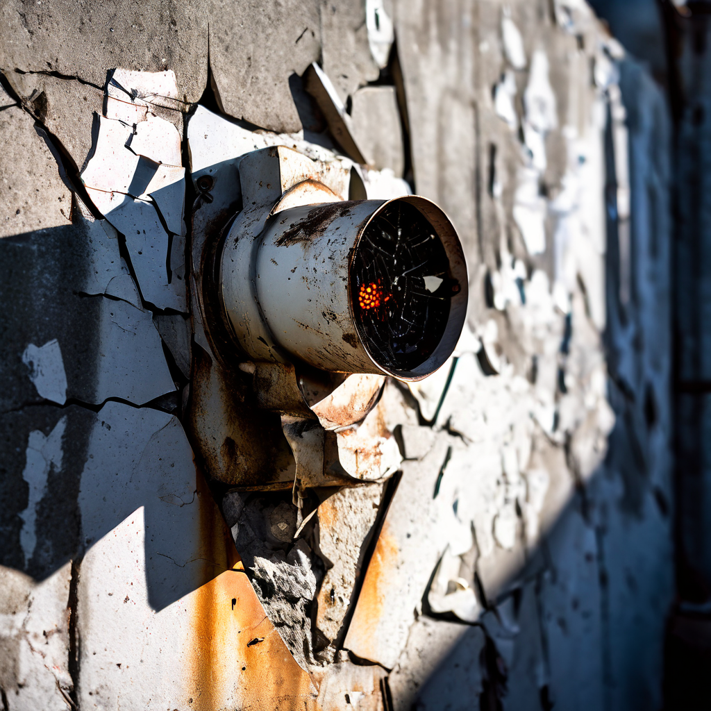 파손되어 불규칙하게 깜빡이는 경보 사이렌이 금이 간 콘크리트 벽에 위협적인 그림자를 드리우고 있는 모습을 클로즈업한 이미지입니다.