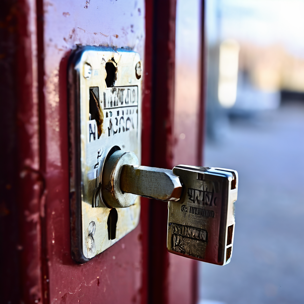 부서지거나 훼손된 자물쇠, 열쇠 구멍 주변의 긁힘 자국 등 도어락의 주요 이상 징후를 시각적으로 확인하여 보안 위험을 점검하는 방법을 안내하는 설명 이미지입니다.