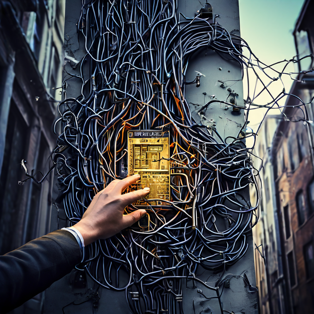 표면적으로는 건물 벽면의 거리 표지판을 교체하는 손을 보여주지만, 그 이면에는 디지털 케이블과 뿌리가 복잡하게 얽힌 숨겨진 네트워크가 존재하는 것을 상징적으로 표현한 이미지입니다.