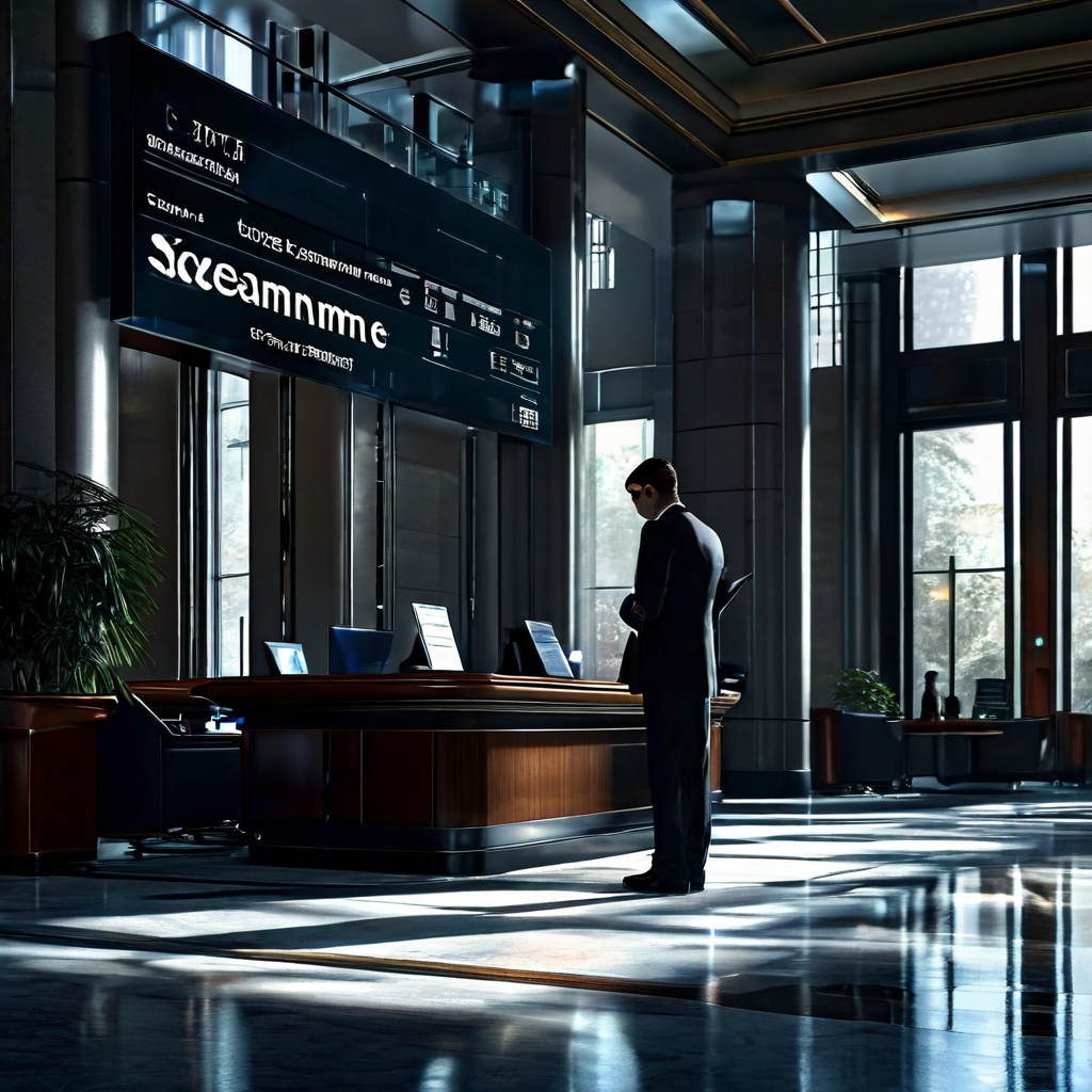 은행 로비에 시스템 점검 안내판이 세워진 가운데, 뒷편에서 수상한 정장 차림의 인물이 이용약관 문서를 변조하는 모습을 담은 이미지입니다.