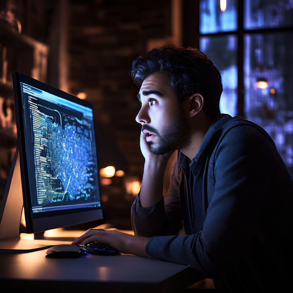 데이터 분석 과정에서 모니터에 표시된 상반된 정보를 바라보며 혼란과 당혹감에 빠진 사람의 표정을 생생하게 담은 이미지입니다.