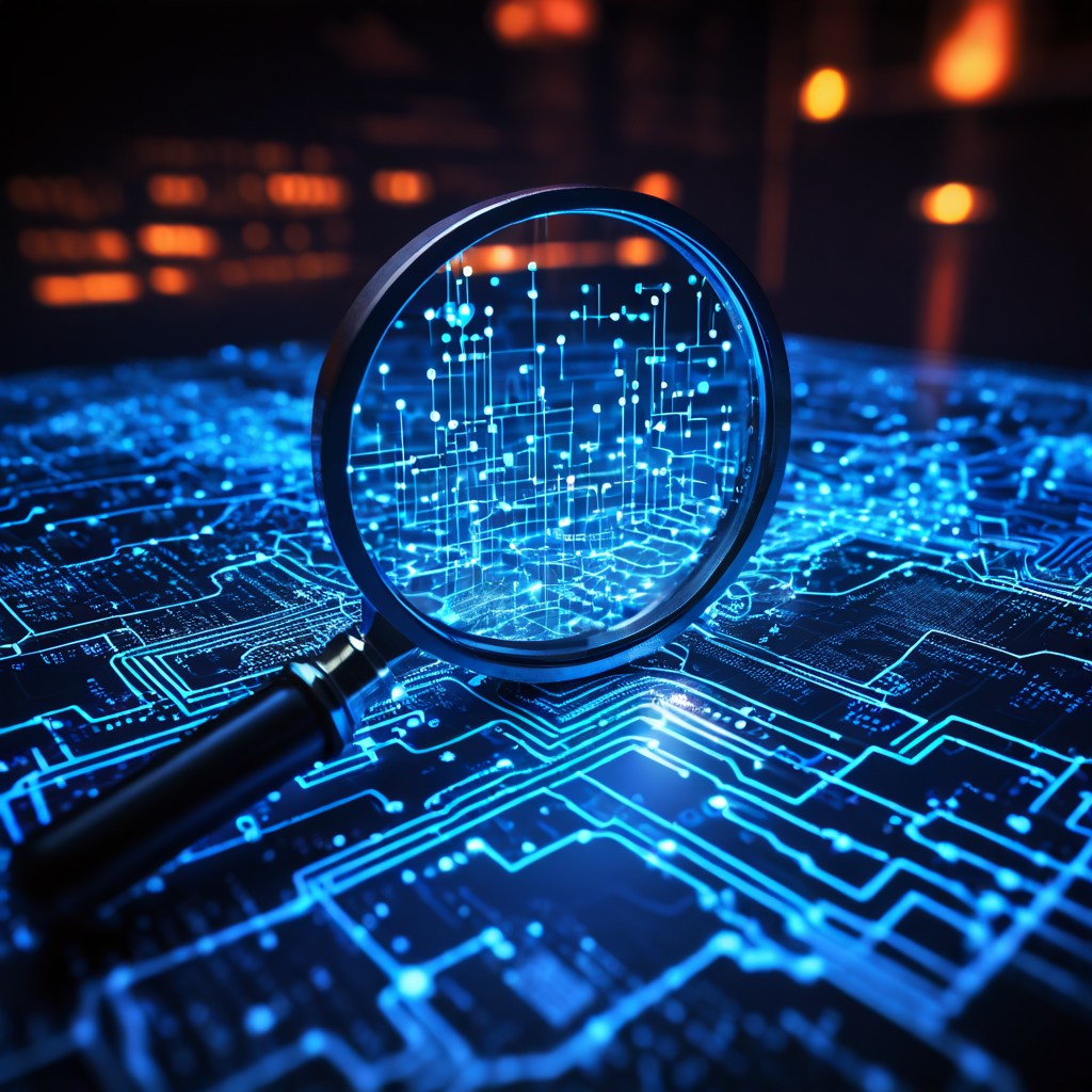 데이터 스트림에서 핵심적인 알림 패턴을 강조하는 복잡한 발광 네트워크 다이어그램 위에 탐정의 돋보기를 가져다 대고 집중적으로 살펴보는 모습을 상세히 묘사한 이미지입니다.