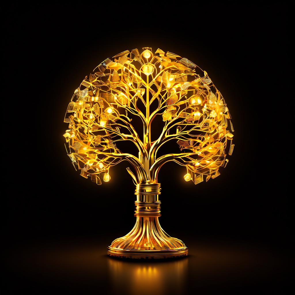 열쇠 모양의 빛나는 전구가 복잡한 데이터 네트워크를 해제하며 황금빛 잎사귀를 가진 무성한 나무로 변환되는 혁신과 지속 가능한 성장의 개념을 시각적으로 표현한 이미지입니다.