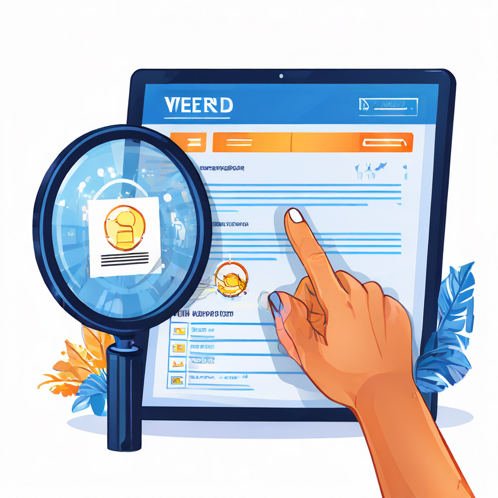 컴퓨터 화면의 이벤트 페이지를 가리키는 손가락과, '확인됨' 인증 마크 위에 놓인 돋보기, 주변의 경고 표지판이 온라인 정보의 진위를 꼼꼼히 확인해야 함을 강조하는 이미지입니다.