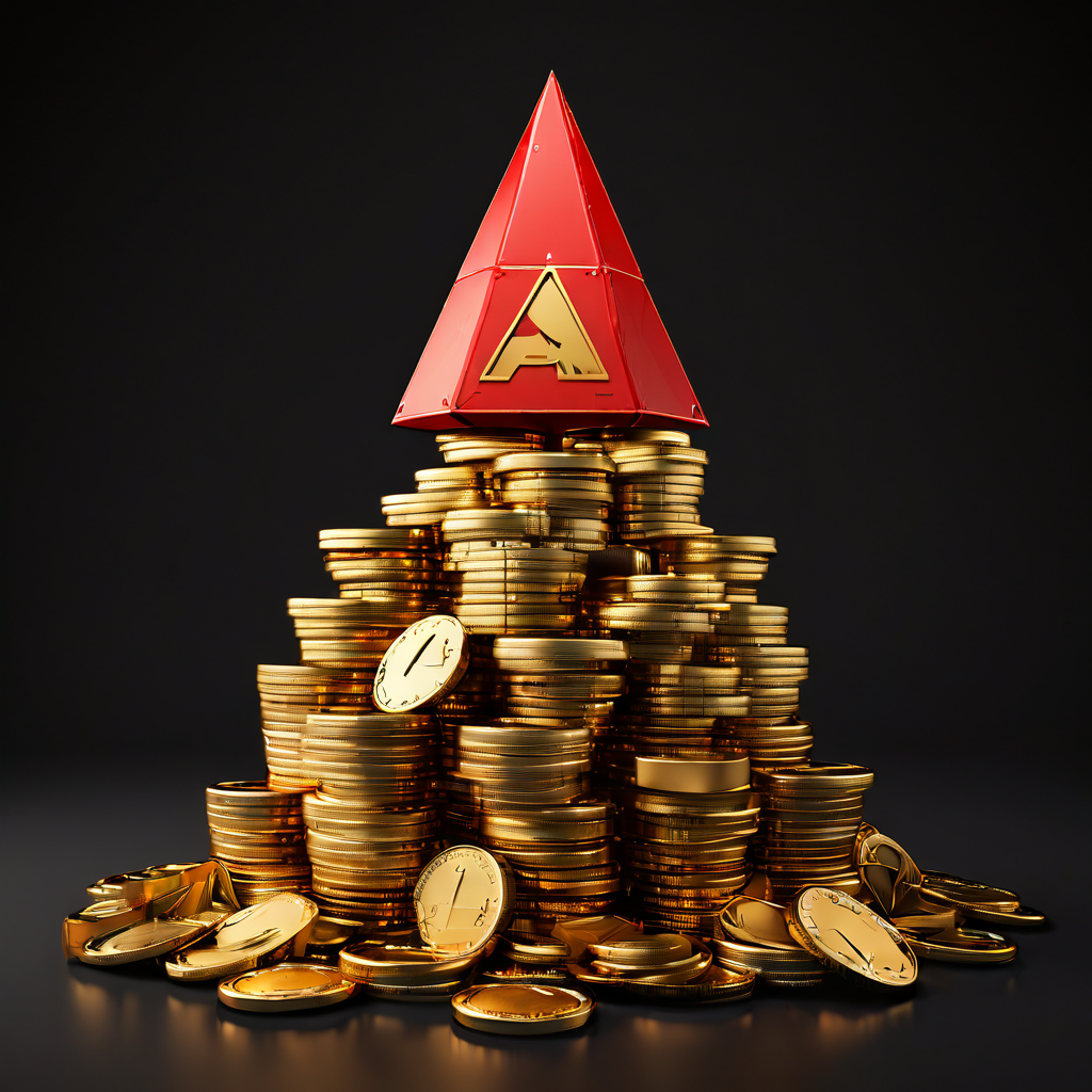 금화와 선물 상자가 쌓인 위태로운 탑의 측면에 빨간 경고 삼각형과 느낌표가 박혀 있어 재정적 위험과 불안정성을 상징적으로 표현한 이미지입니다.