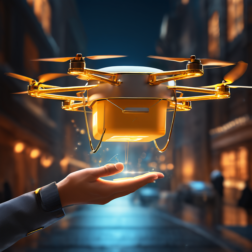 미래지향적인 배송 드론이 정확히 목표 지점 위에 떠 있으며, 발송된 패키지에서 나오는 빛이 신뢰를 상징하는 금색 실타래로 변해 기다리던 고객의 손에 연결되는 모습을 담은 이미지입니다.