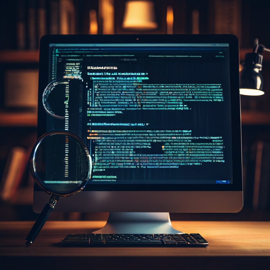 웹사이트 중복 코드를 확대경으로 검사하며 문제점을 파악하는 과정을 상징적으로 보여주는 이미지입니다.