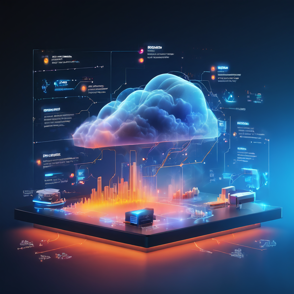 Sleek SaaS platform interface showing a connected cloud and data layer monitoring rule history gaps with a secure digital...