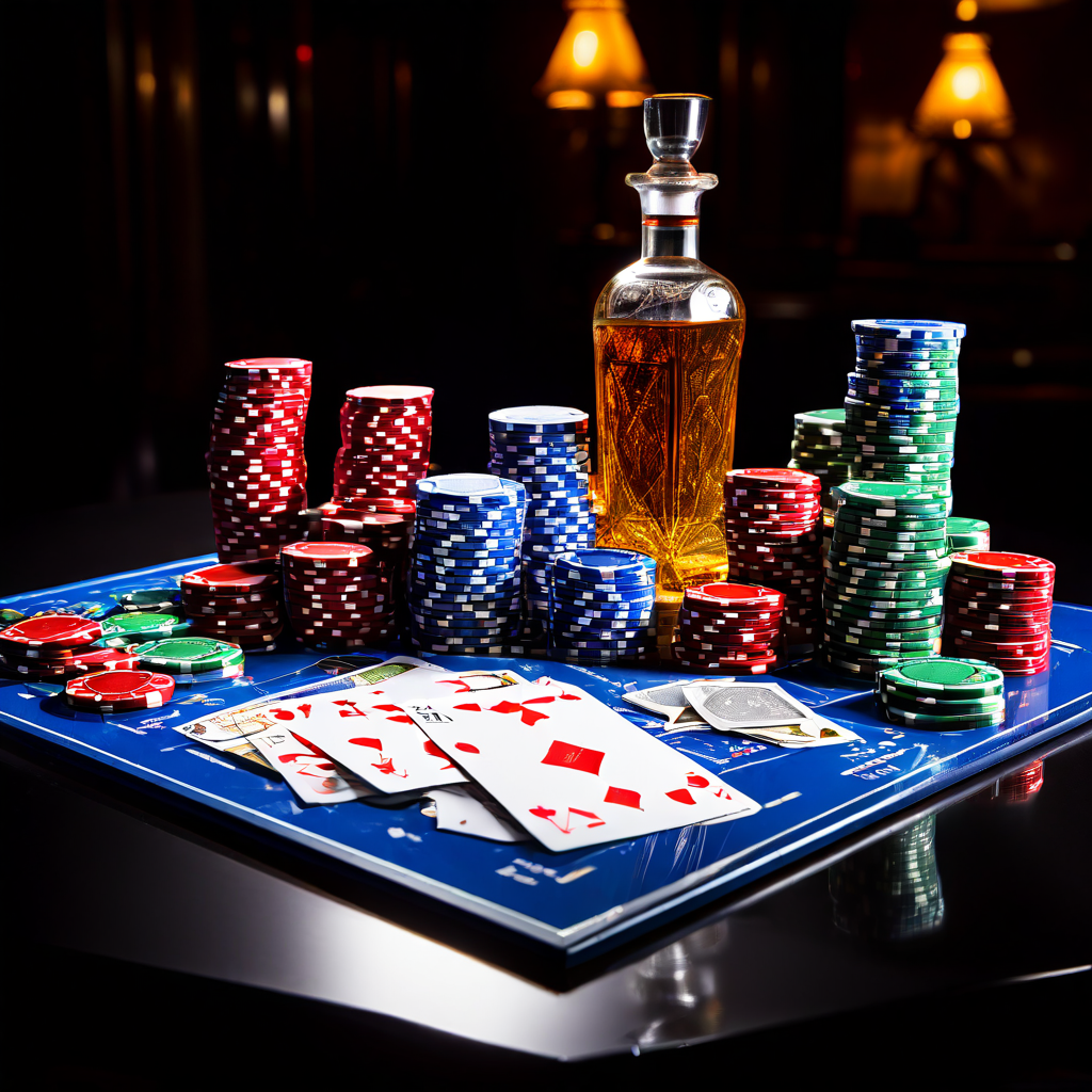 A person's hand holding a single playing card over a green baccarat felt table, with scattered chips and a blurred laptop in the b