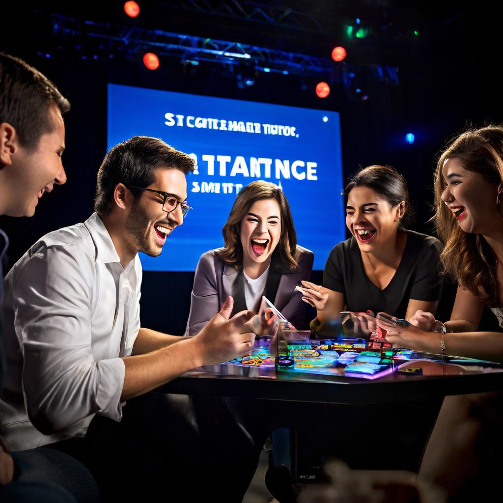 A documentary-style photograph of a group of friends gathered around a casino felt table, laughing together while looking at a sma