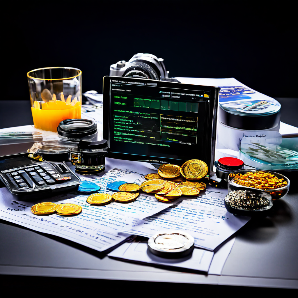 A documentary-style photograph of a casino pit boss desk with a laptop, a small stack of poker chips, and a wooden badge or pin pl