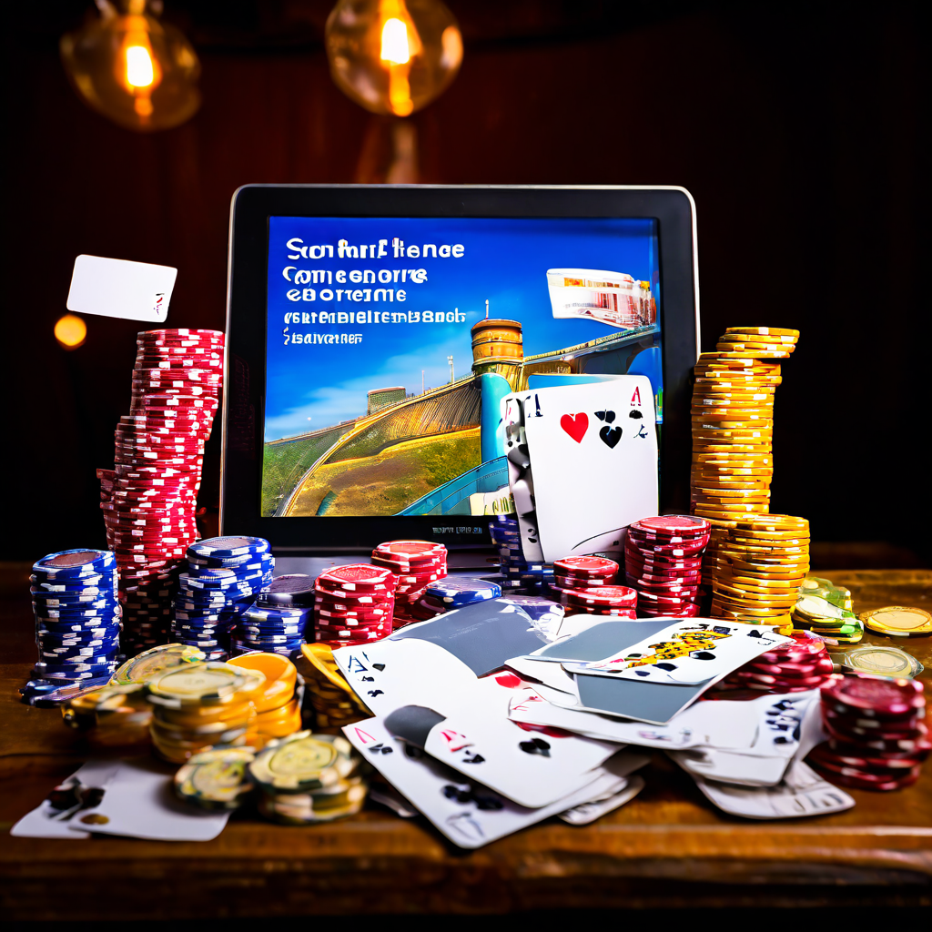 Photorealistic editorial photograph of a casino felt table with playing cards, poker chips, and a blurred laptop in the background