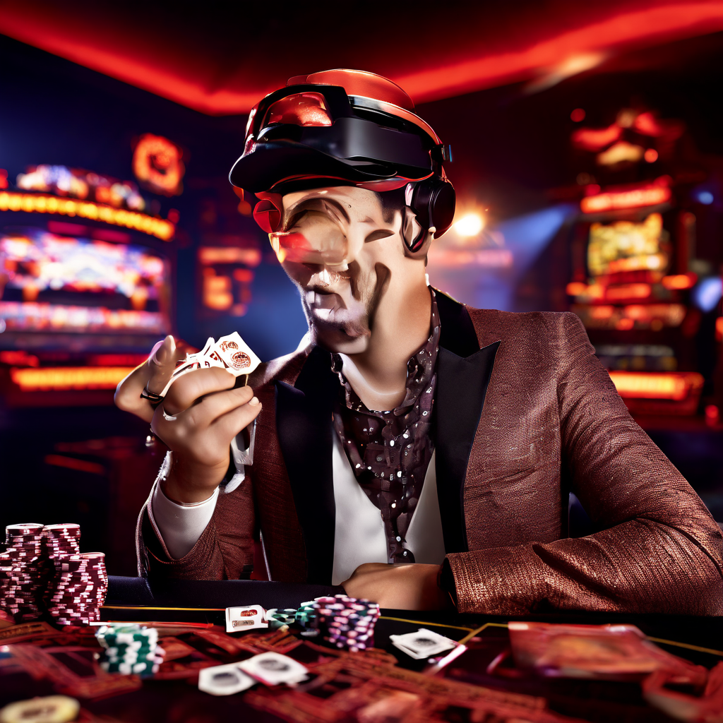 A candid shot of a casino dealer's hands placing a single playing card onto a green felt table, with a blurred laptop screen in th