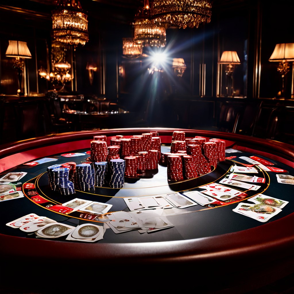 A documentary-style photograph capturing a baccarat table with green felt, scattered chips, and playing cards in soft focus, with