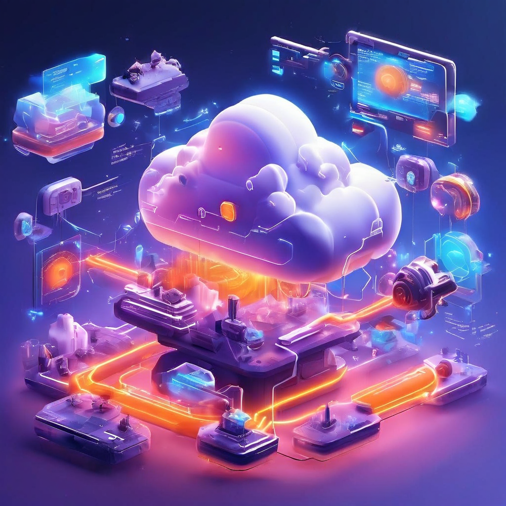 Cinematic view of a premium digital platform interface featuring game filters and search paths, with abstract cloud and data...
