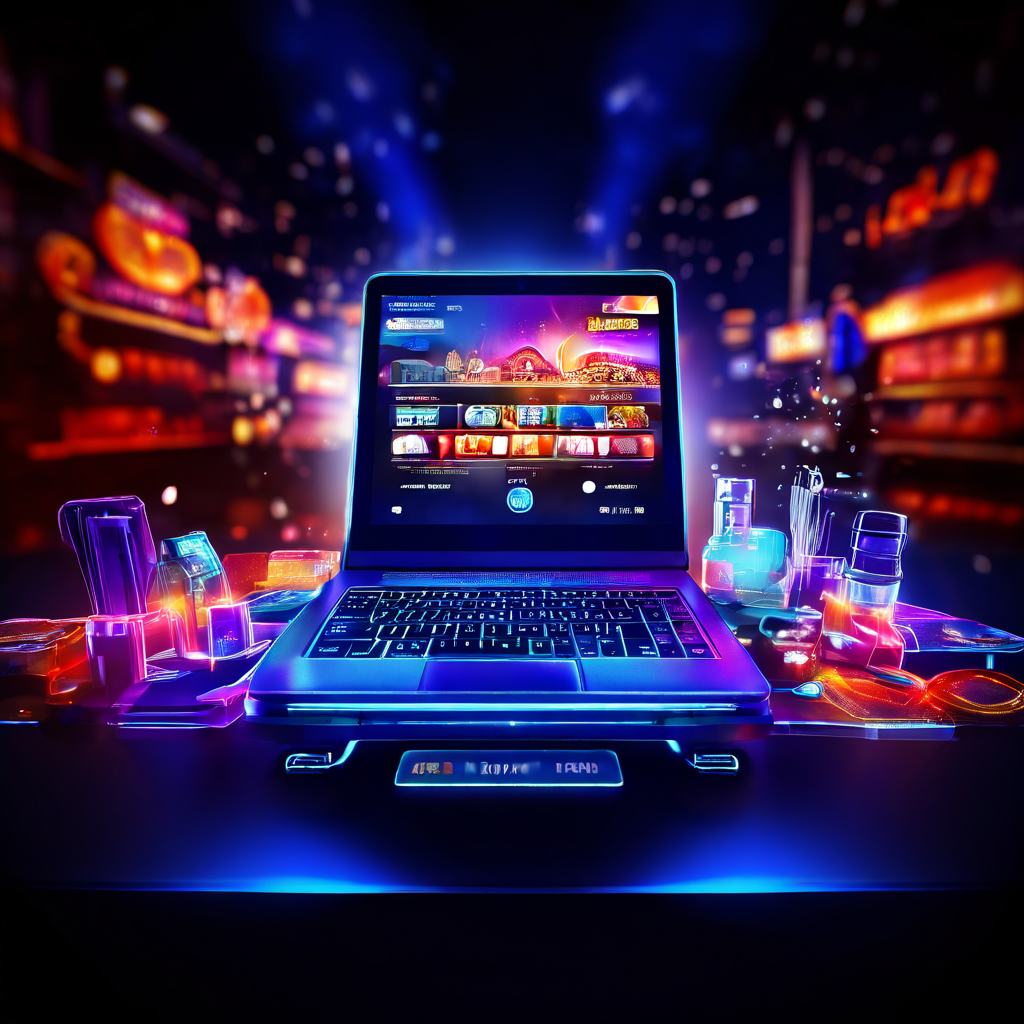 A professional editorial photograph showing two people sitting at a casino table with a laptop and smartphone placed on a green fe
